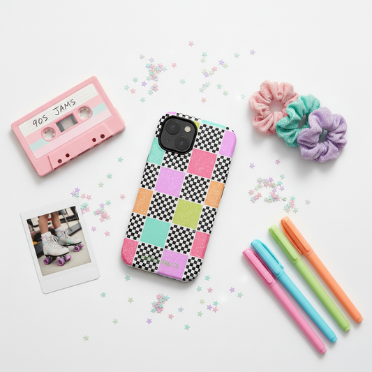 Checkerboard Pastel Phone Case Flat Lay