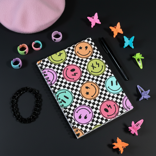 Checkered Smiley Notebook Flat Lay