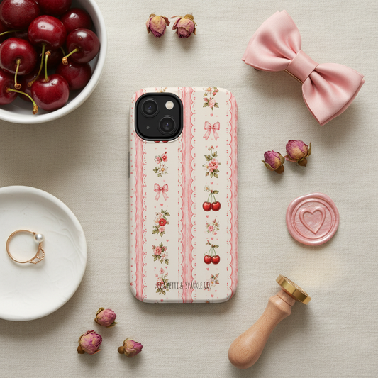 Cherry Ribbon Floral Case Flat Lay