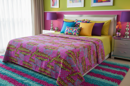 Colorful textile maximalist bedroom mockup
