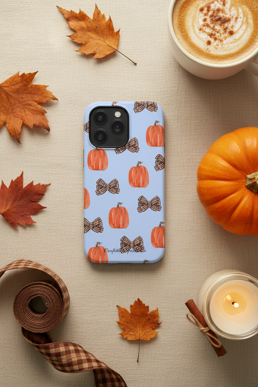 Pumpkin & Plaid Bow Phone Case — Magnetic Impact-Resistant Fall iPhone Case