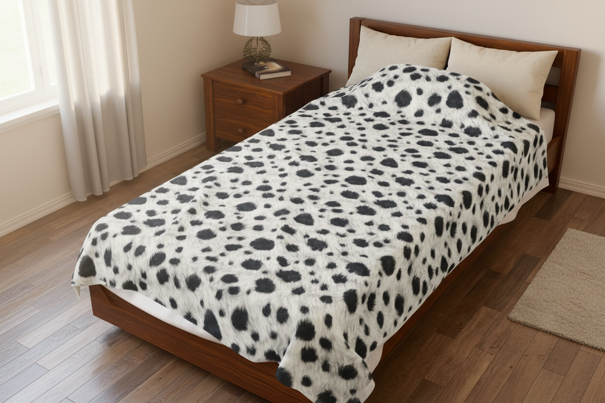 Cow-print blanket bedroom mockup