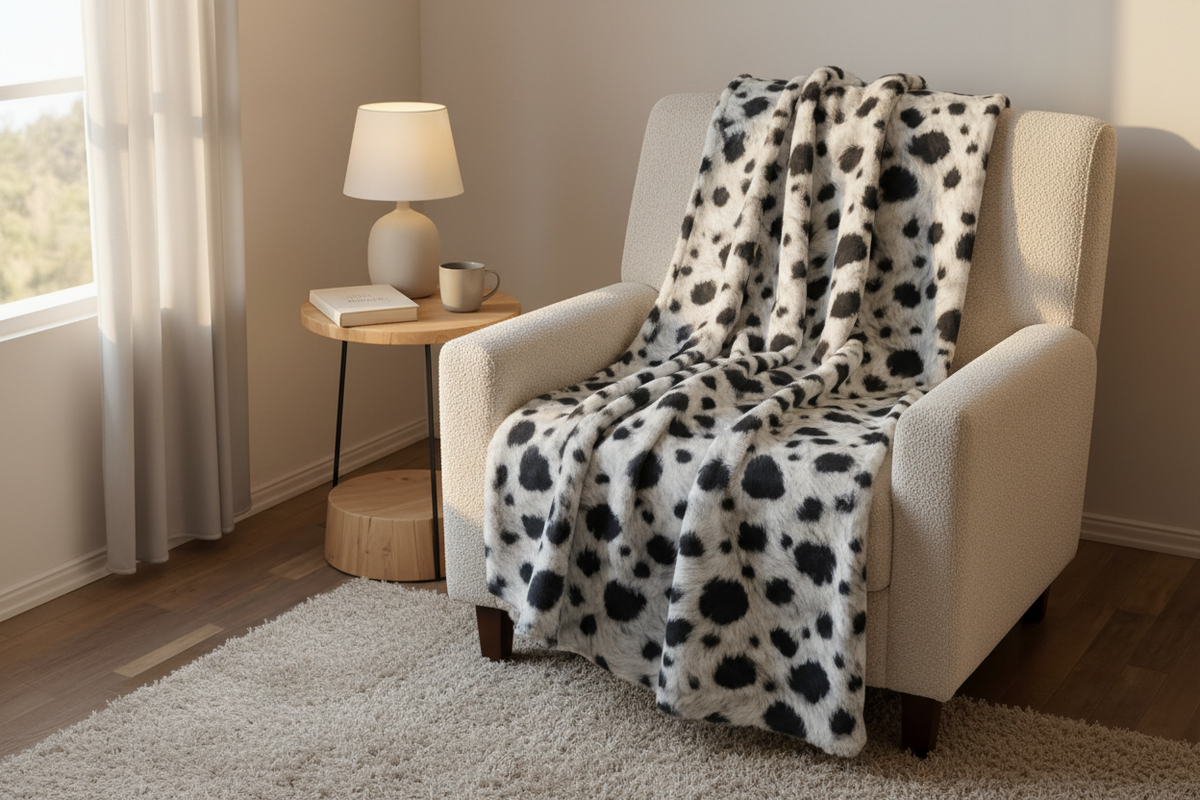 Cow-print blanket reading-corner mockup