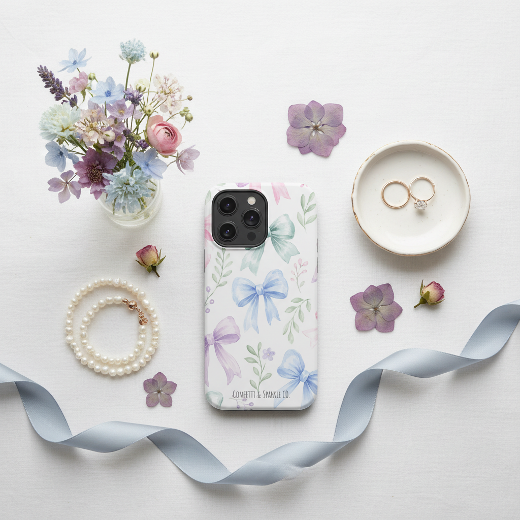Floral Pastel Bow Phone Case Flat Lay