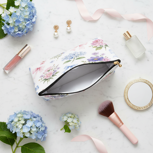 Floral Ribbon Cosmetic Pouch Flat Lay