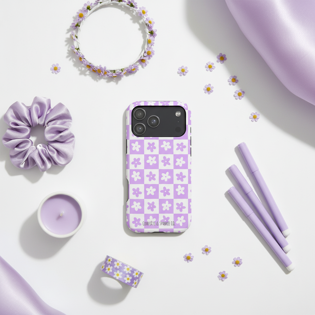 Lavender Daisy Checkered Case Flat Lay