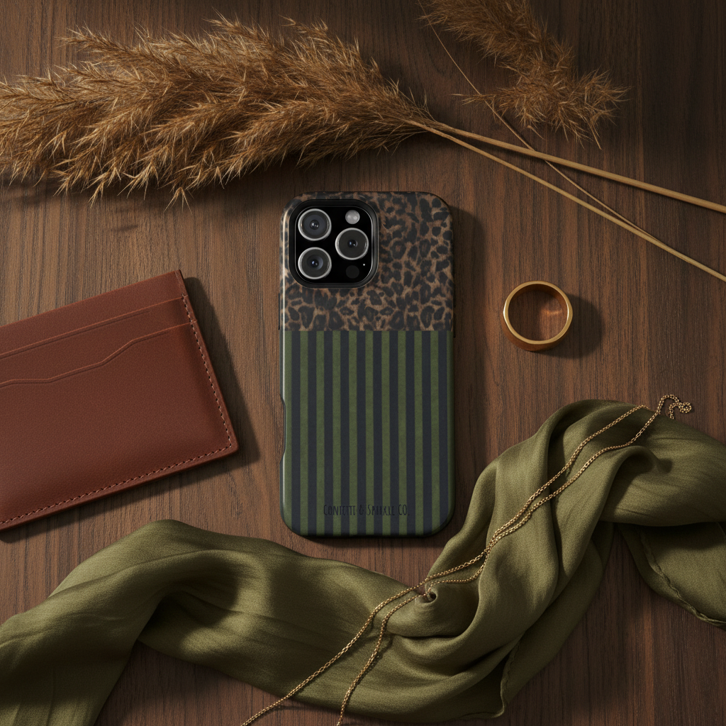 Leopard Green Stripe Phone Case Flat Lay