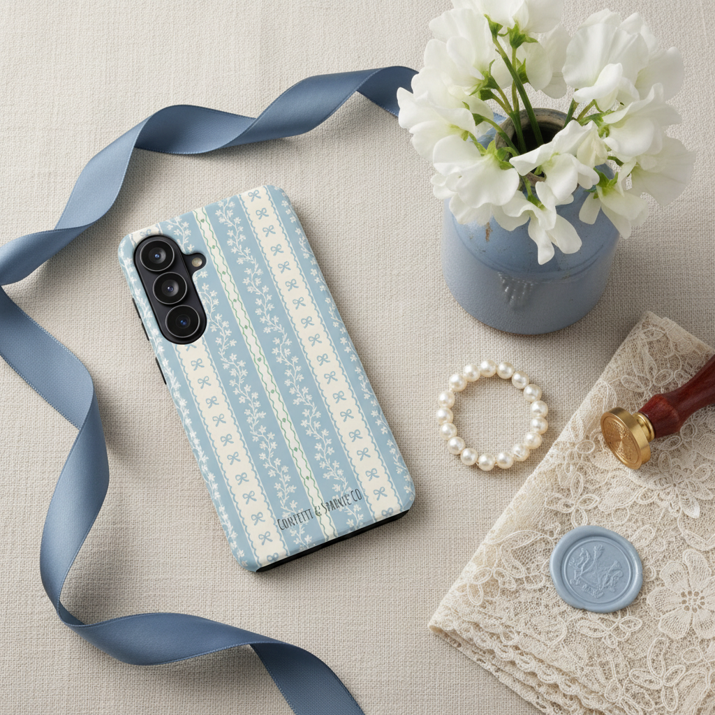 Vintage Blue Floral Stripe Case Flat Lay