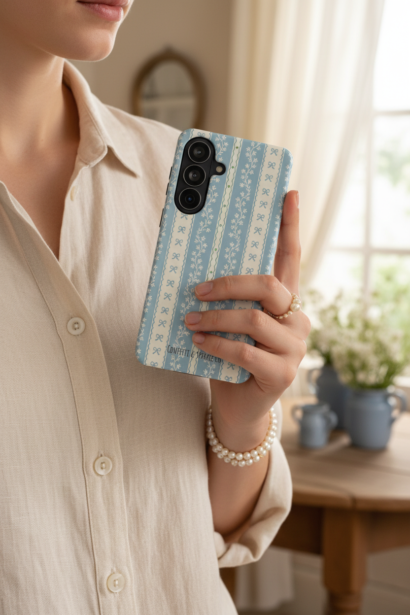 Vintage Blue Floral Stripe Case Lifestyle