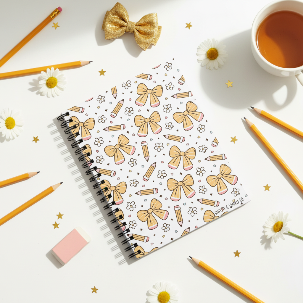 Yellow Bow Pencil Notebook Flat Lay