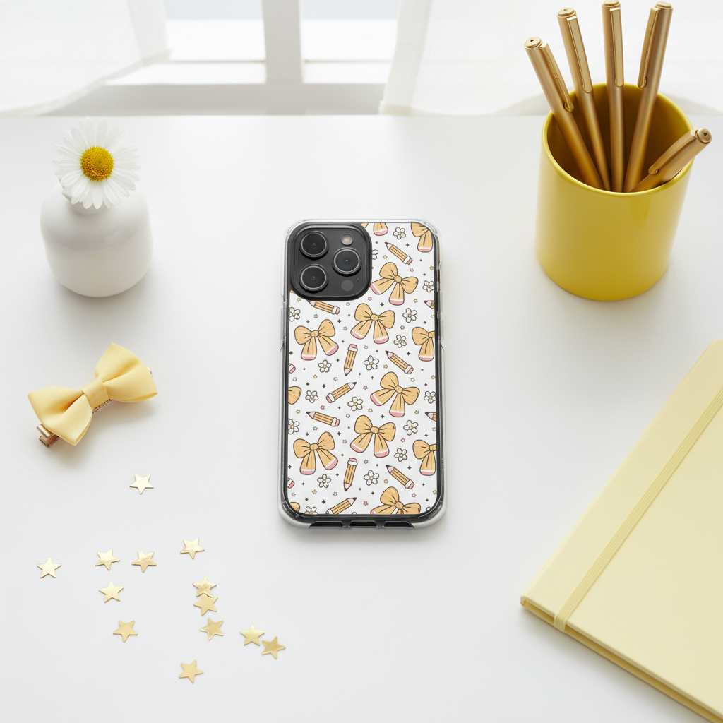 Yellow Bow Pencil Phone Case Flat Lay